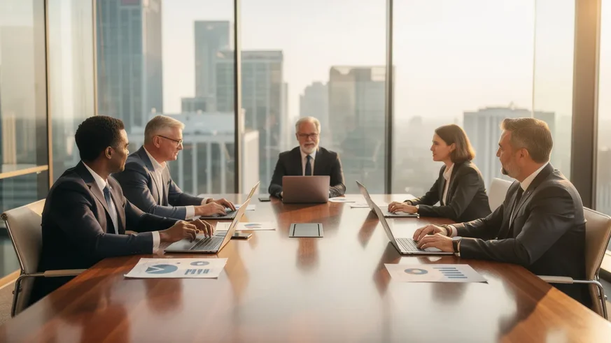 Cadres dirigeants en réunion stratégique dans une salle de conférence moderne avec vue sur la ville