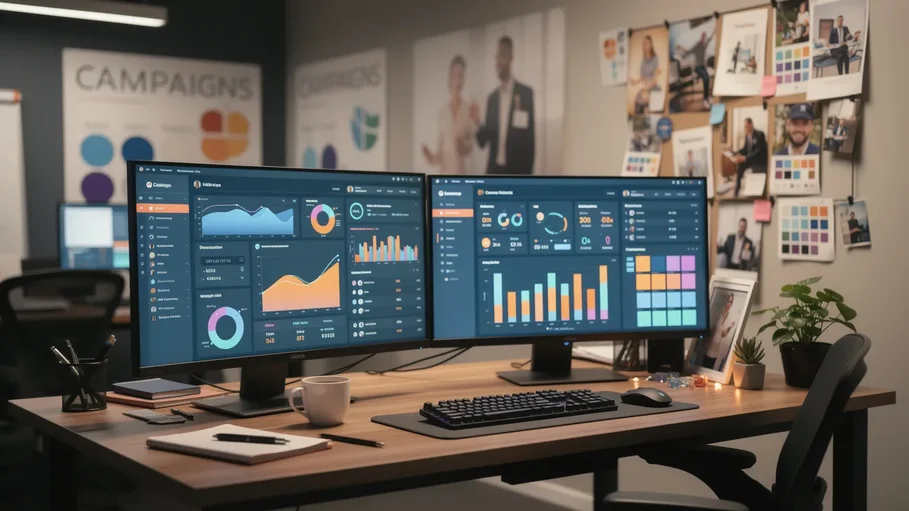 Bureau de marketing digital avec écrans affichant des tableaux de bord analytiques et métriques