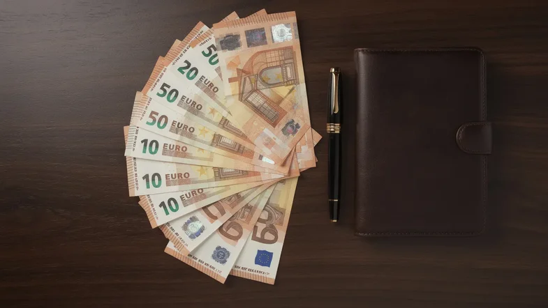 Billets de cinquante et cent euros disposés sur un bureau en bois sombre à côté d un porte-documents