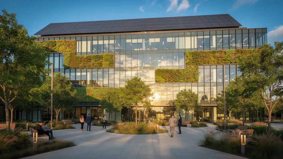 Bâtiment d entreprise moderne avec façade végétale, panneaux solaires et cour arborée