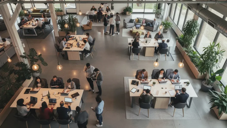 Vue en plongée d un espace de coworking avec professionnels collaborant autour de bureaux et espaces lounge