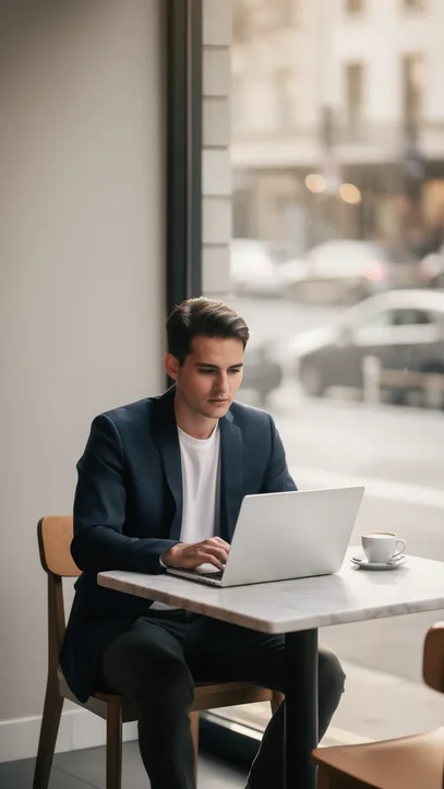 Jeune entrepreneur travaillant sur son ordinateur portable dans un café minimaliste avec vue urbaine