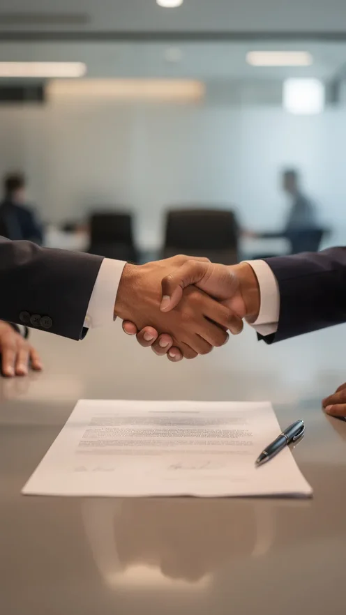 Poignée de main professionnelle devant un contrat signé sur une table de conférence