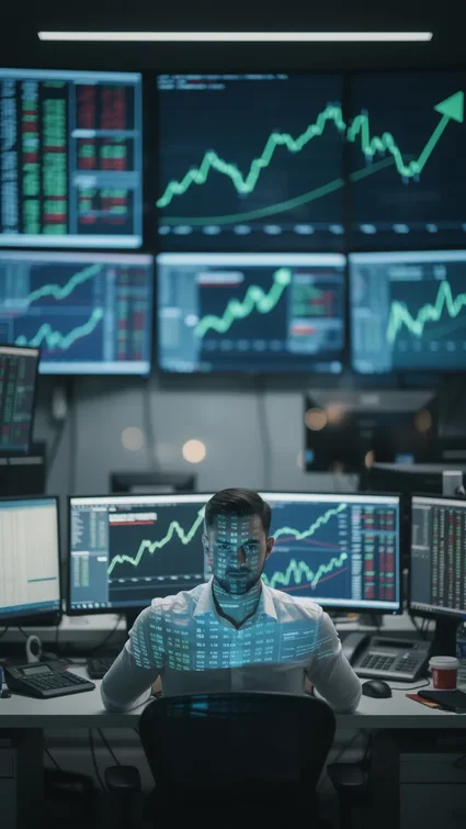 Trader analysant des graphiques boursiers sur plusieurs écrans avec courbes de tendance haussière