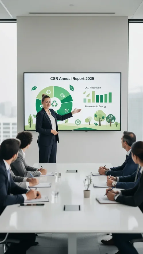 Dirigeante présentant un rapport RSE avec infographies d impact environnemental devant ses collègues