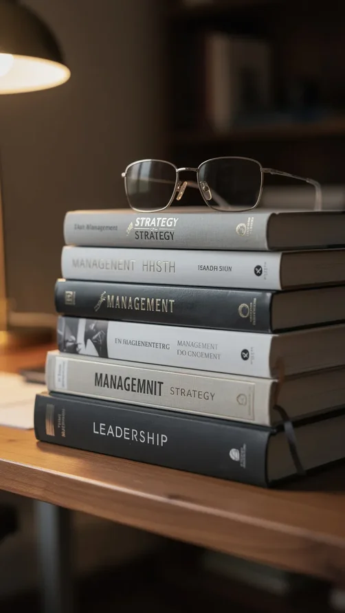 Pile de livres sur le management et la stratégie d entreprise avec lunettes de lecture sur une étagère