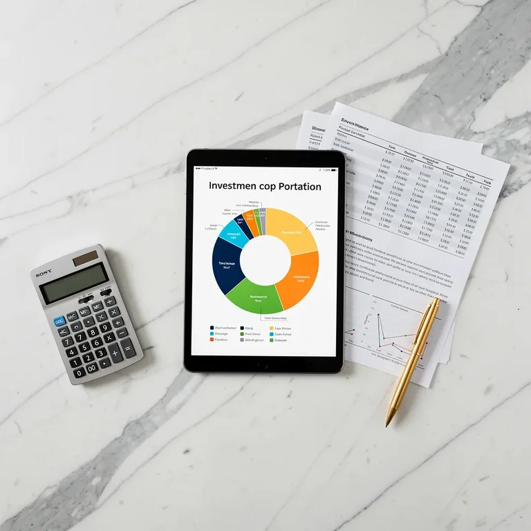 Vue à plat d outils de planification financière avec tablette, calculatrice et relevés sur un bureau en marbre