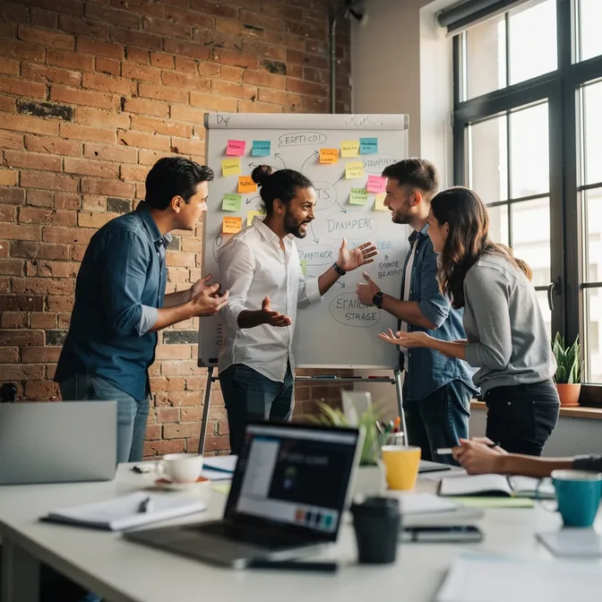 Équipe de professionnels en séance de brainstorming avec post-it colorés sur un tableau blanc