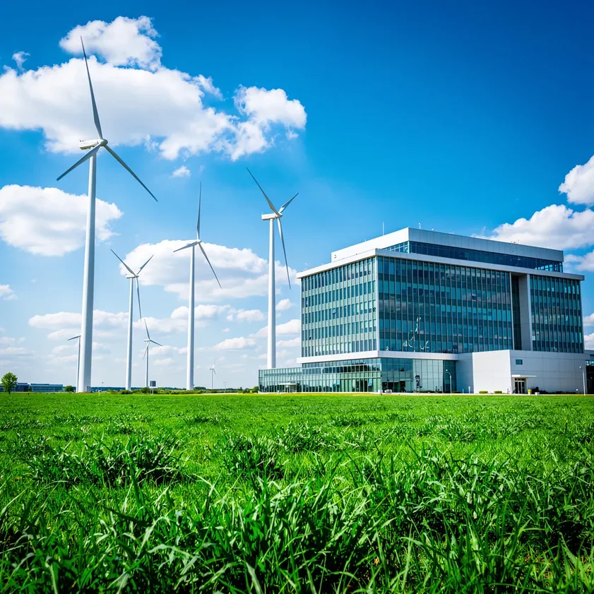 Éoliennes dans un champ verdoyant avec un bâtiment d entreprise moderne en arrière-plan sous un ciel bleu
