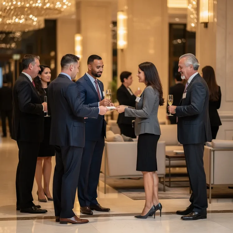 Professionnels échangeant lors d un événement de networking dans un lobby d hôtel élégant