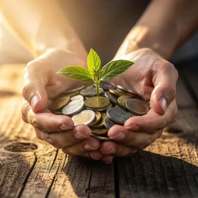 Mains tenant une jeune pousse verte émergeant d un tas de pièces de monnaie sur une surface en bois