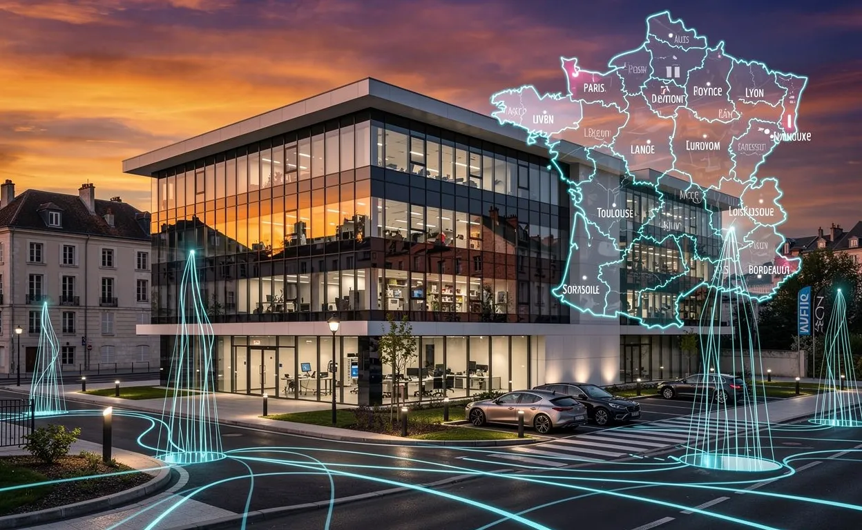 Un bâtiment de bureaux moderne en verre à Limoges reflète un ciel au coucher du soleil, entouré de tracés numériques reliés à d’autres villes françaises.