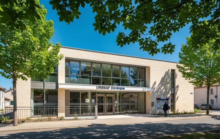 Le bâtiment de l’URSSAF Dordogne entouré d’arbres, avec une personne lisant un panneau d’information devant l’entrée sous un ciel bleu.