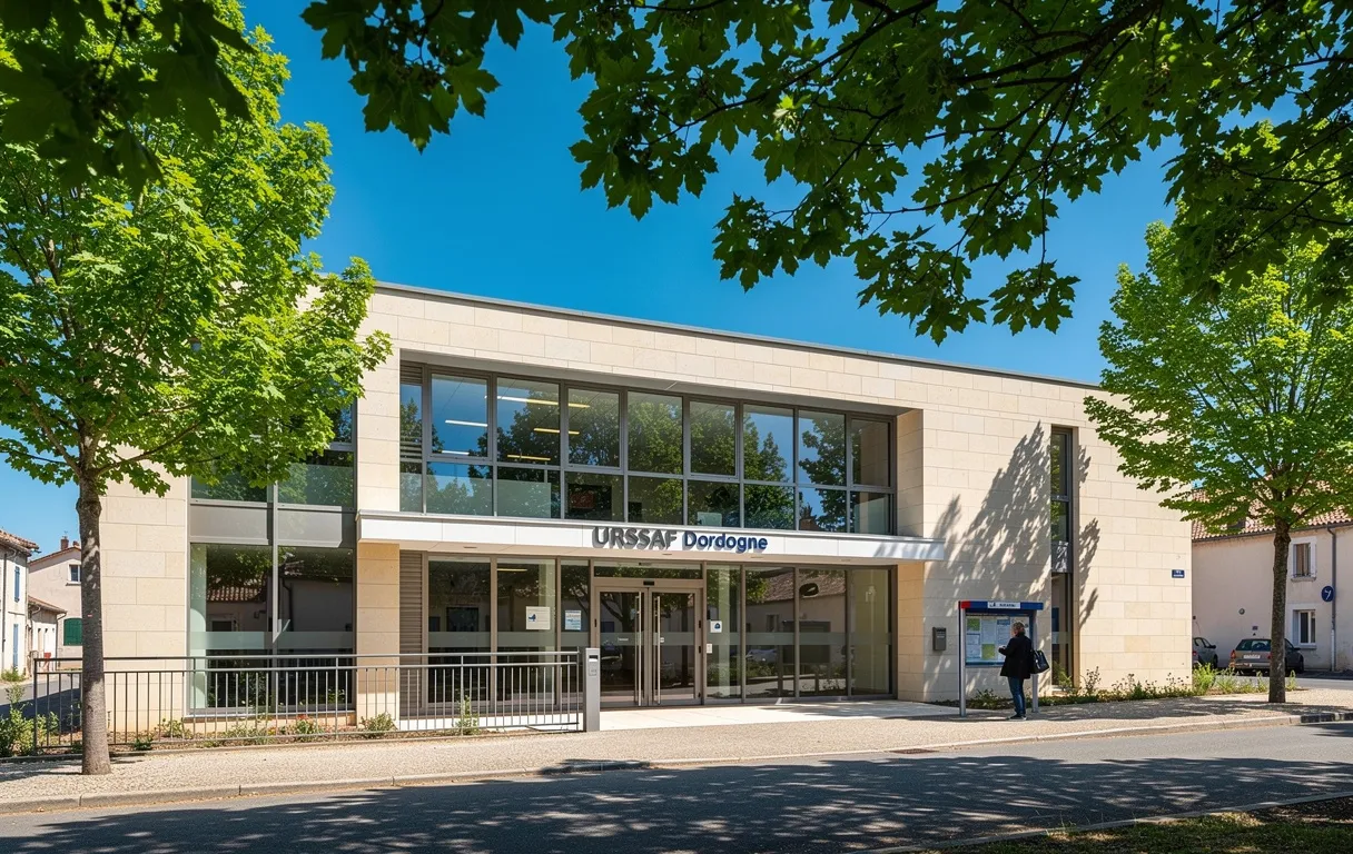 Le bâtiment de l’URSSAF Dordogne entouré d’arbres, avec une personne lisant un panneau d’information devant l’entrée sous un ciel bleu.