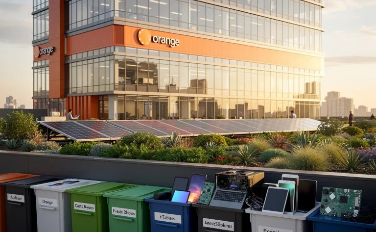 Bâtiment de bureaux Orange moderne avec panneaux solaires et jardin sur le toit, des appareils numériques recyclés au premier plan sous une lumière dorée.