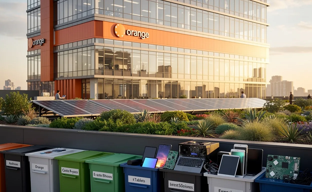 Bâtiment de bureaux Orange moderne avec panneaux solaires et jardin sur le toit, des appareils numériques recyclés au premier plan sous une lumière dorée.