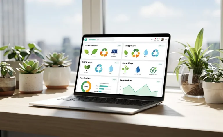 Bureau moderne avec un ordinateur portable affichant un tableau de bord sur la durabilité, entouré de petites plantes en pot et baigné de lumière naturelle.