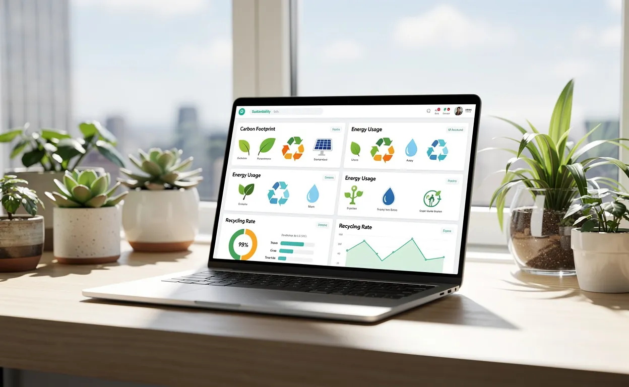 Bureau moderne avec un ordinateur portable affichant un tableau de bord sur la durabilité, entouré de petites plantes en pot et baigné de lumière naturelle.