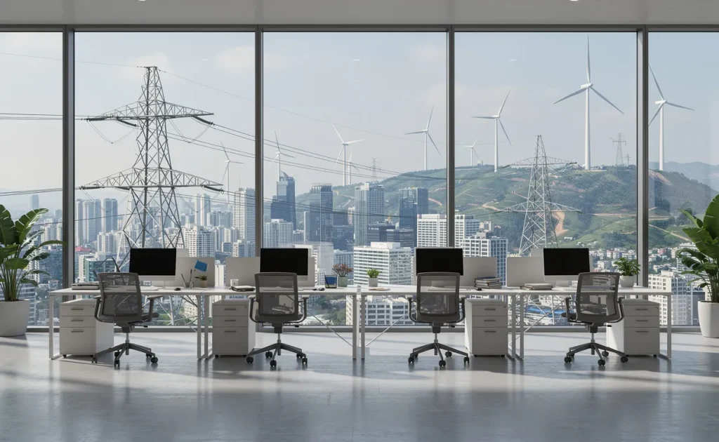 Un bureau moderne baigné de lumière naturelle avec vue sur une ville parsemée de lignes électriques et d’éoliennes.
