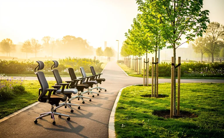 Deux sentiers se croisent dans un parc verdoyant, l’un bordé de chaises de bureau et l’autre de petits arbres, sous une lumière matinale.