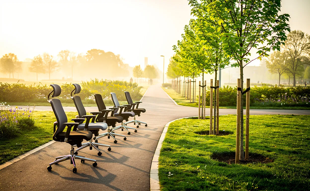 Deux sentiers se croisent dans un parc verdoyant, l’un bordé de chaises de bureau et l’autre de petits arbres, sous une lumière matinale.