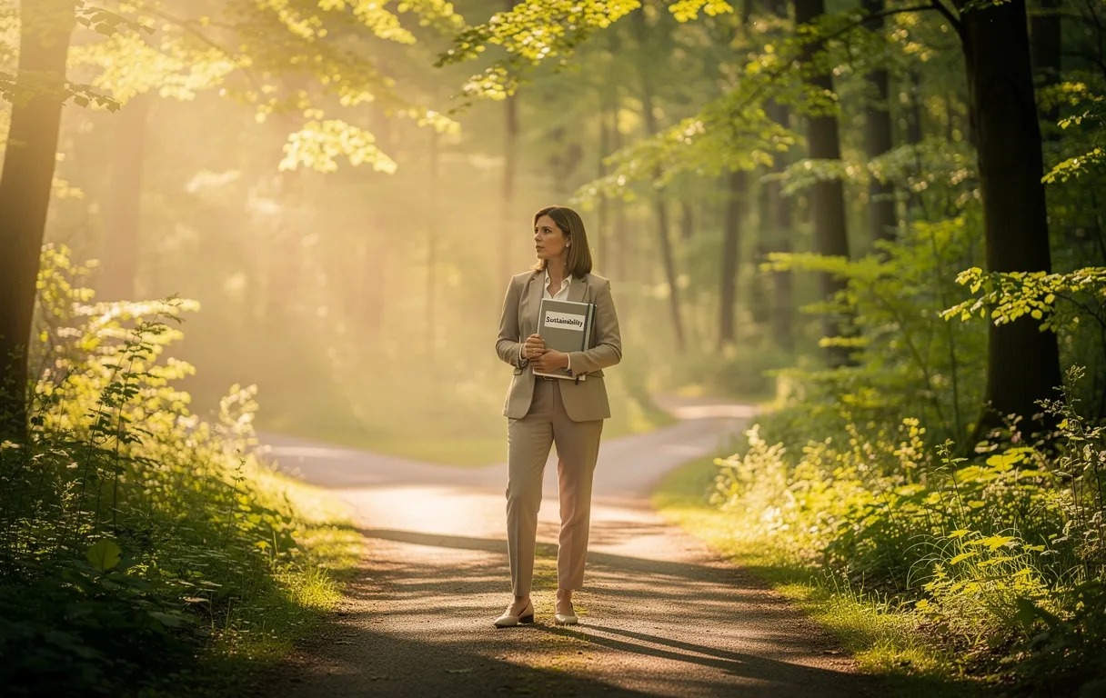 Un professionnel songeur tient un carnet intitulé « Sustainability » sur un chemin ensoleillé qui se divise, entouré de verdure sous une lumière matinale douce.