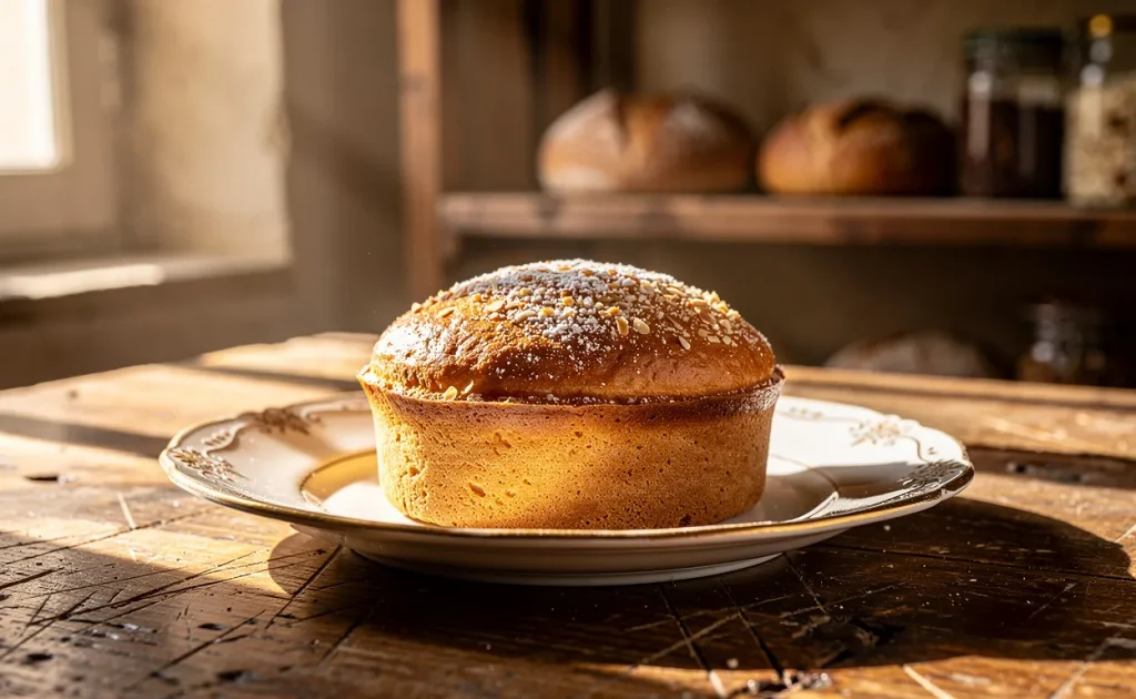 Un gâteau Comtes de la Marche à la croûte dorée repose sur une assiette en porcelaine ancienne sur un comptoir en bois dans une boulangerie creusoise éclairée par la lumière de l’après-midi.