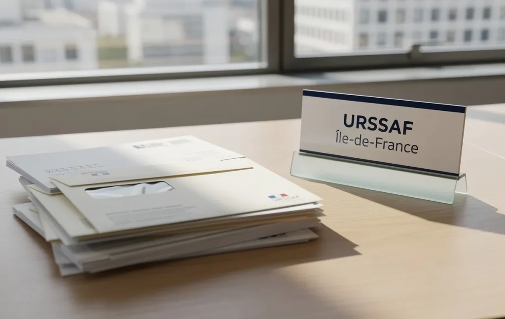Des documents et enveloppes officielles sont posés sur un bureau moderne près d’une fenêtre, avec un panneau indiquant URSSAF Ile de France.