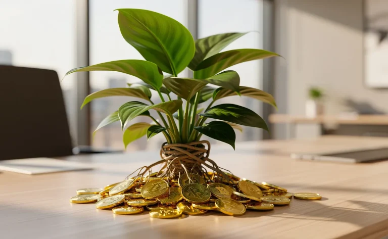 Une plante verte aux racines visibles pousse sur des pièces dorées posées sur un bureau moderne éclairé par la lumière du jour.