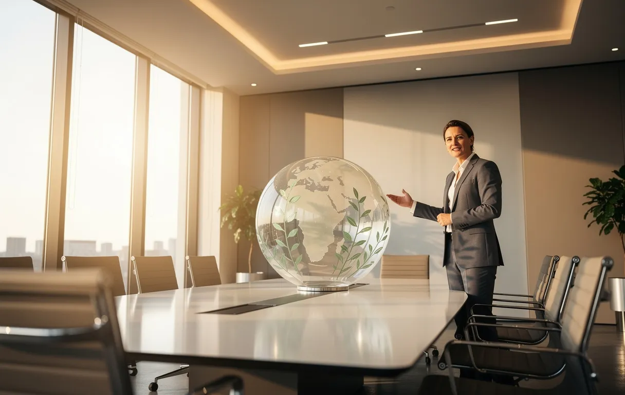 Un orateur se tient près d’un globe transparent orné de feuilles vertes dans une salle de réunion lumineuse et élégante.