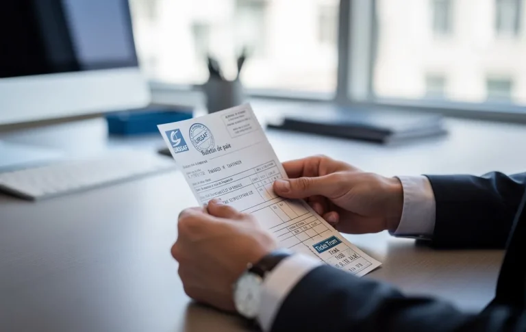 Des mains tiennent des documents de paie officiels estampillés "Urssaf" ainsi qu’un ticket de tram, posés sur un bureau moderne éclairé par la lumière du jour.