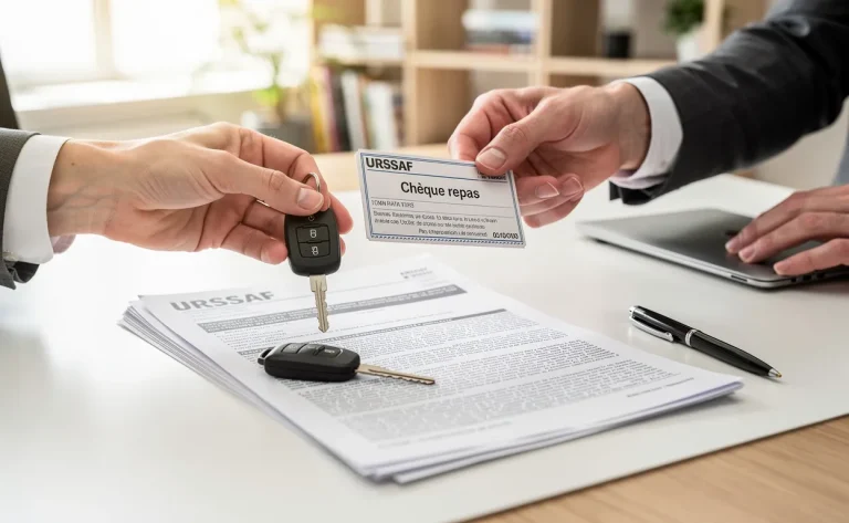 Un employé et un employeur échangent des clés de voiture et un ticket-restaurant sur un bureau avec des documents marqués "URSSAF" sous une lumière naturelle.