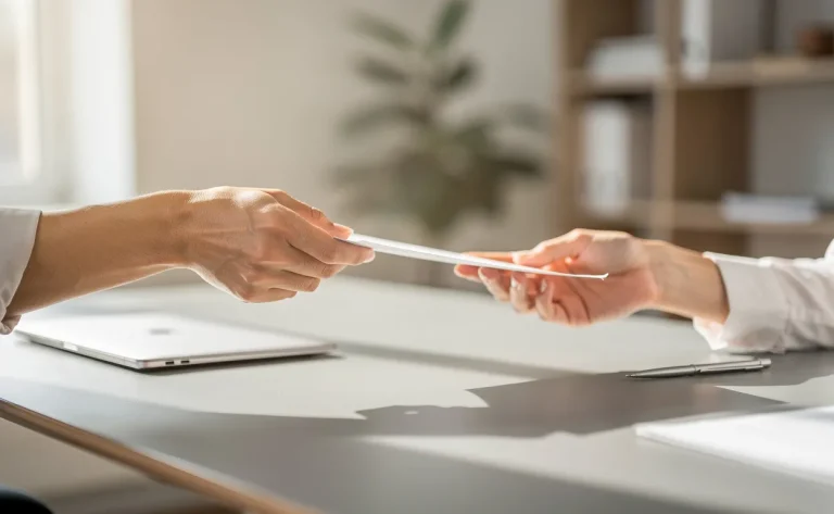 Deux mains s’échangent un document sur un bureau moderne dans un bureau ensoleillé à l’ambiance paisible.