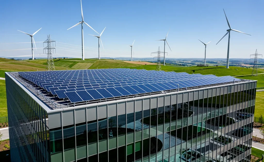 Un bâtiment d’entreprise moderne avec des panneaux solaires sur le toit, des éoliennes en arrière-plan et des lignes électriques sous un ciel bleu.