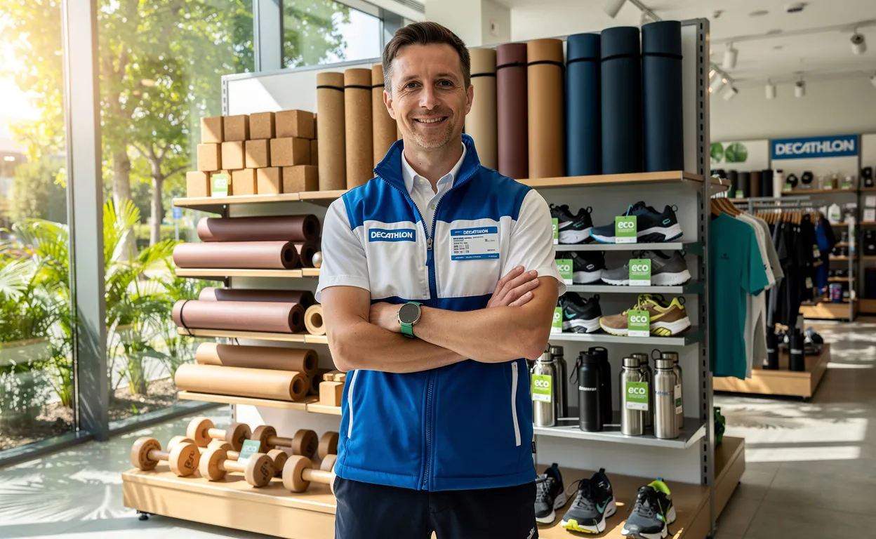 Un employé athlétique de Decathlon se tient devant un présentoir d’équipements sportifs écologiques, avec la lumière du soleil entrant par de grandes fenêtres donnant sur de la verdure.