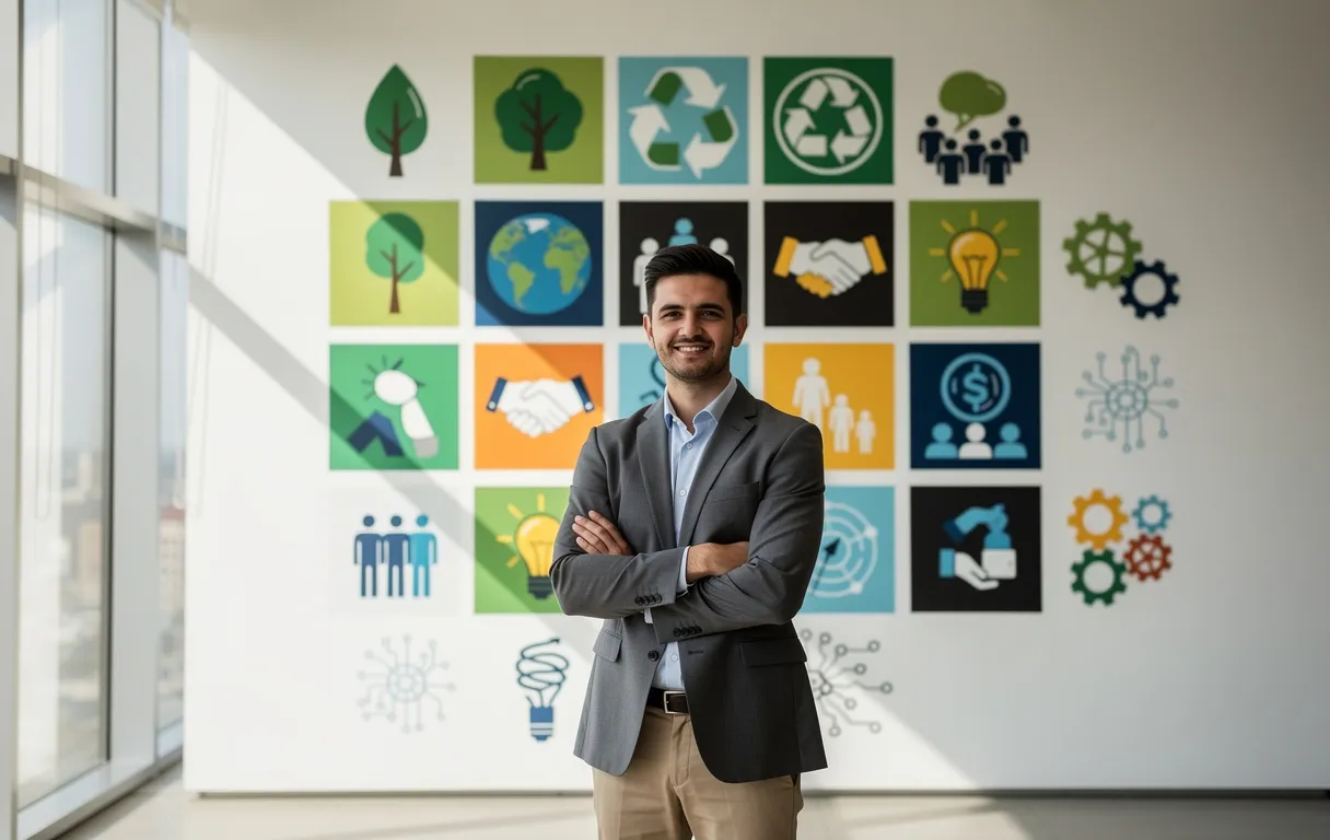Un jeune professionnel se tient devant un mur décoré d’icônes colorées liées à la durabilité, à la responsabilité sociale et à l’innovation, éclairé par la lumière du jour.