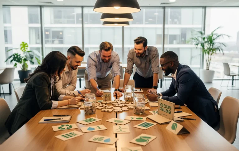 Des collègues autour d’une table dans un bureau moderne résolvent des énigmes écologiques avec des matériaux recyclés et des symboles de durabilité.