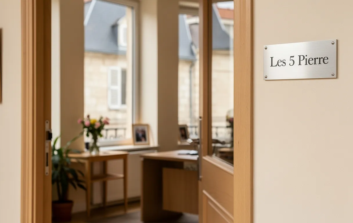 Entrée d’un bureau accueillant avec une plaque argentée indiquant Les 5 Pierre et des éléments d’architecture de Limoges à l’arrière-plan.
