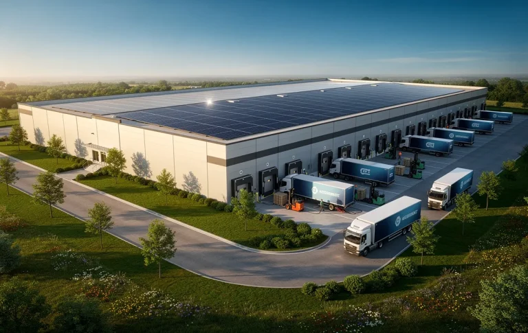 Entrepôt moderne avec panneaux solaires sur le toit, camions électriques en chargement et végétation alentour sous un ciel bleu.