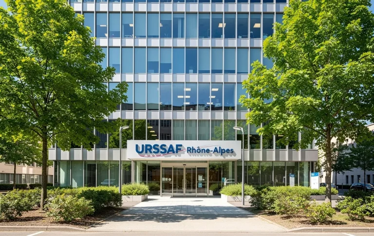 Un bâtiment de bureaux moderne portant l’enseigne URSSAF Rhône-Alpes, entouré d’arbres verts et de chemins dégagés sous un ciel lumineux.