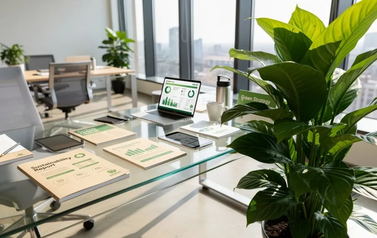 Un bureau moderne avec une plante verte à côté d’un bureau en verre recouvert de rapports écologiques et de tablettes numériques, baigné par la lumière du jour.