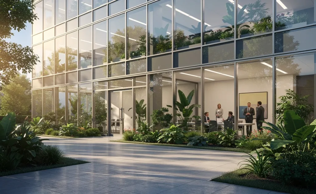 Un bâtiment en verre entouré de plantes verdoyantes baigné de lumière naturelle.