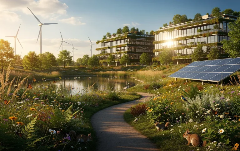 Un parc luxuriant mêlant flore, faune et installations d’énergie renouvelable auprès de bâtiments d’entreprises à toit végétalisé sous une lumière dorée.