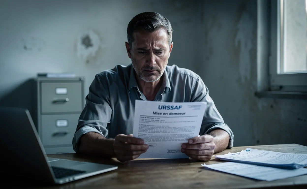 Un homme soucieux est assis seul à un bureau d’un bureau dépouillé, tenant une lettre officielle de l’URSSAF.