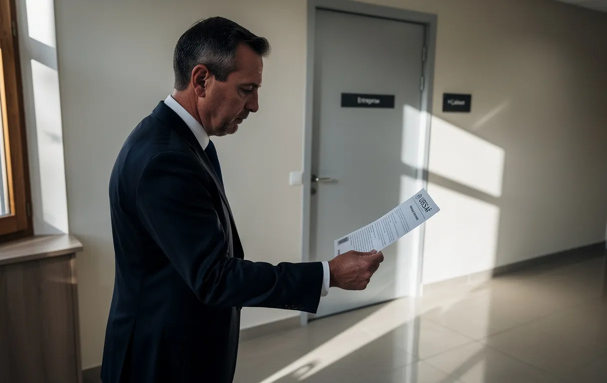 Un huissier sérieux tend un document officiel de l’URSSAF devant la porte fermée d’un commerce dans un hall de bureau éclairé par la lumière du matin.
