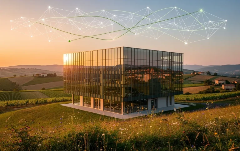 Un immeuble de bureaux en verre moderne devant la campagne d’Occitanie, avec des lignes de réseau lumineuses dans le ciel à la lumière dorée du soir.