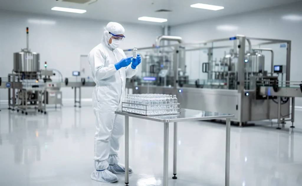 Un scientifique en tenue stérile examine des flacons transparents dans un laboratoire de production moderne et lumineux.