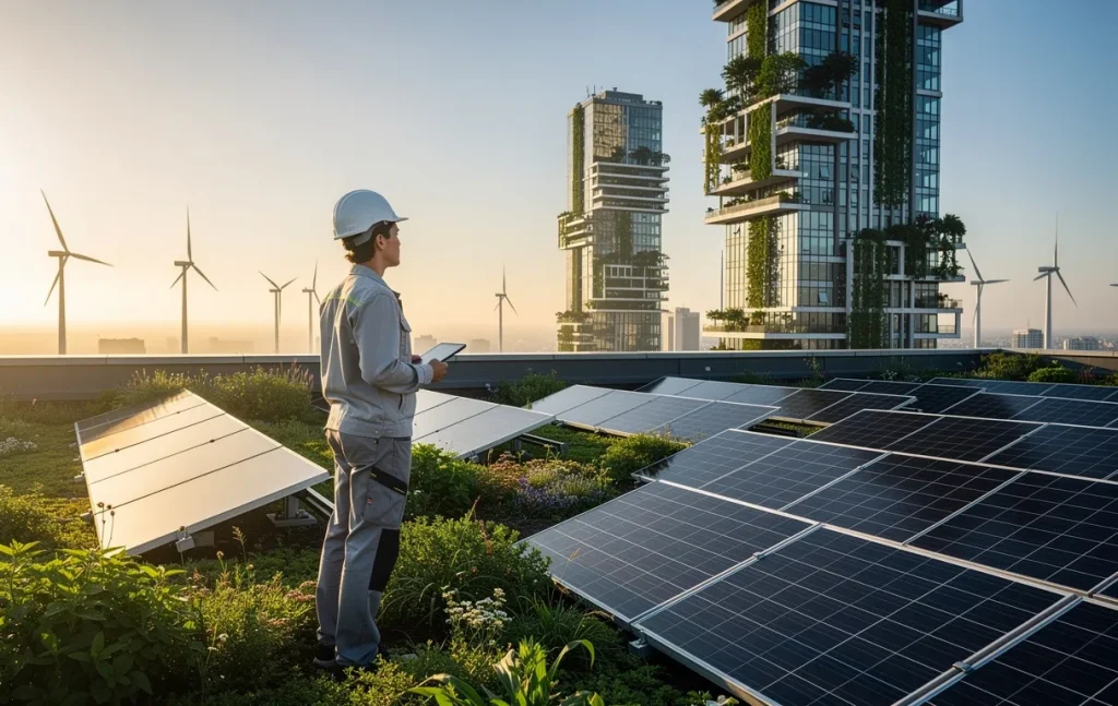 Un jeune ingénieur se tient sur un toit végétalisé avec des panneaux solaires, observant au loin une ville moderne dotée d’éoliennes et de bâtiments écologiques sous la lumière du matin.