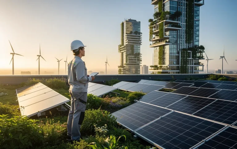 Un jeune ingénieur se tient sur un toit végétalisé avec des panneaux solaires, observant au loin une ville moderne dotée d’éoliennes et de bâtiments écologiques sous la lumière du matin.