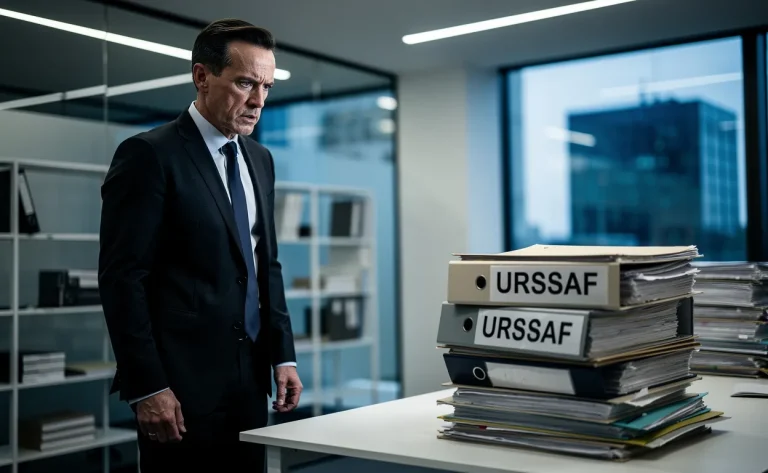 Une personne d'affaires se tient seule dans un bureau moderne et regarde avec inquiétude une pile de dossiers étiquetés URSSAF posée sur un bureau.
